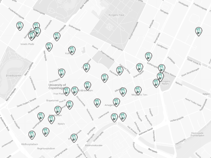 Map showing the return stations in the inner City of Copenhagen